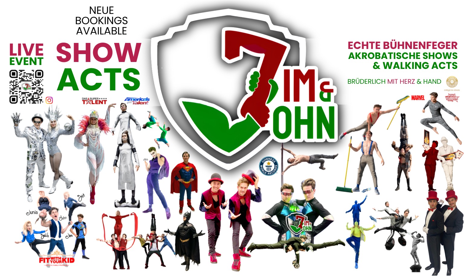 Overview poster of Jim&John: some twenty cut-out show acts side by side — stilt walkers, mirror costumes, superheroes, a tailcoat duo and partner acrobatics around the Jim&John crest