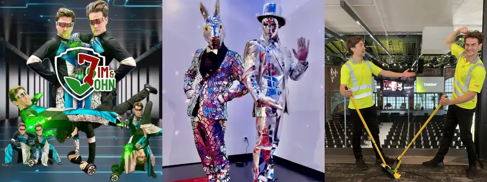 Showeinlagen von Jim & John: Lasershow-Walking-Act, Spiegelkostüme und Bühnenfeger-Showact