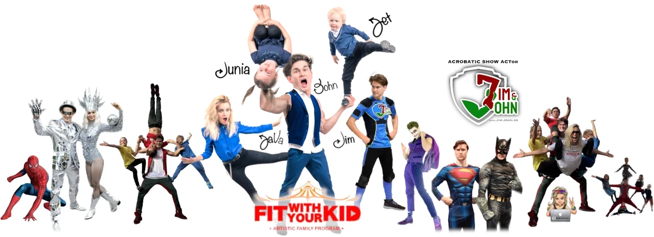 Jim & John with the family John, Jim, JaVa, Junia and Jet plus show acts — joint banner of jim-john.de and FITwithYourKID